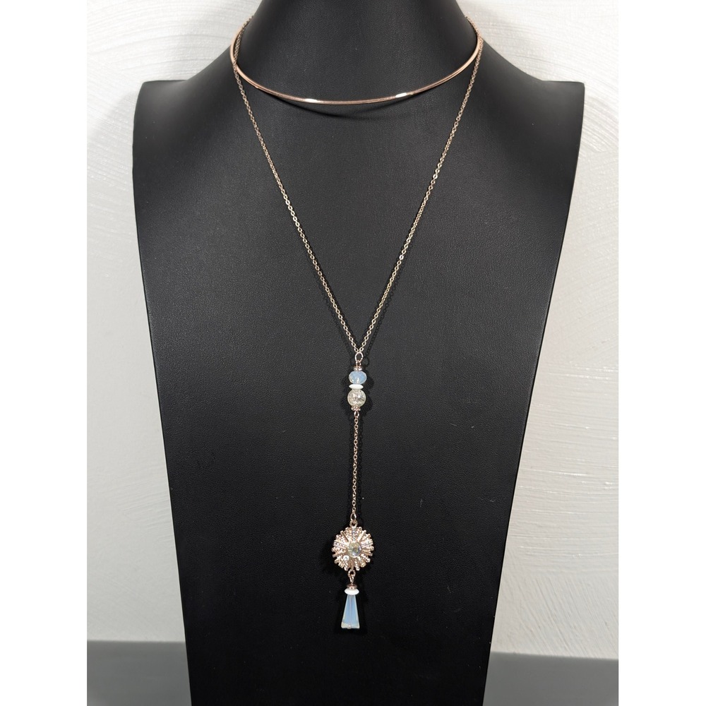 Rose Gold Crystal Drop Choker Necklace‎ Rhinestone Glass Dainty Bridal 17"